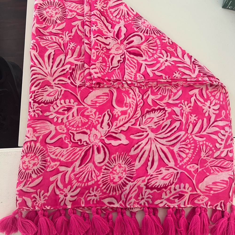 Lily Pulitzer Pink Floral Patterned Scarf with Tassels